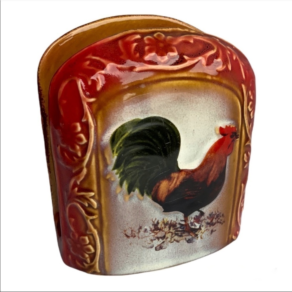 Farmhouse Rooster Ceramic Napkin Holder Glazed Hand Painted Ceramic Multi Color